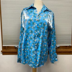 Cider NWOT Blue Shiny Ditsy Floral Button Down Blouse Size Medium